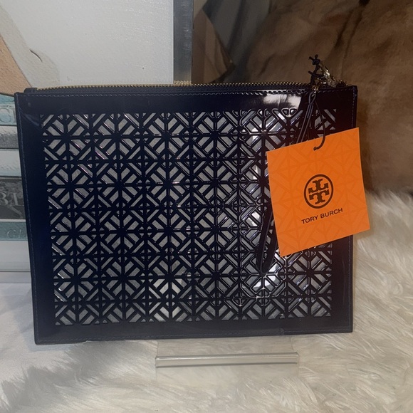 Tory Burch Blue Laser Cut Patent Leather Wristlet Pouch NWT - Picture 2 of 9